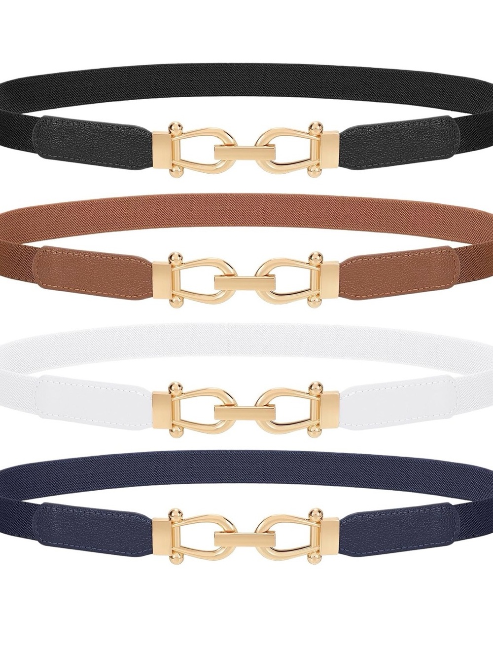 Stretch Elastic Waist Belt with Gold Horsebit Buckle - Black, Brown, White, Navy